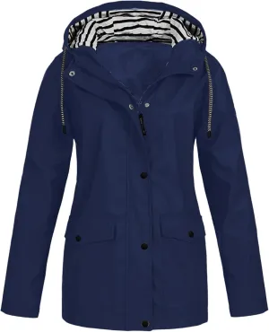 Womens Waterproof Lightweight Windbreaker Sports Rain Jacket Long Hooded Trench Coat Active Outdoor Rain Coat