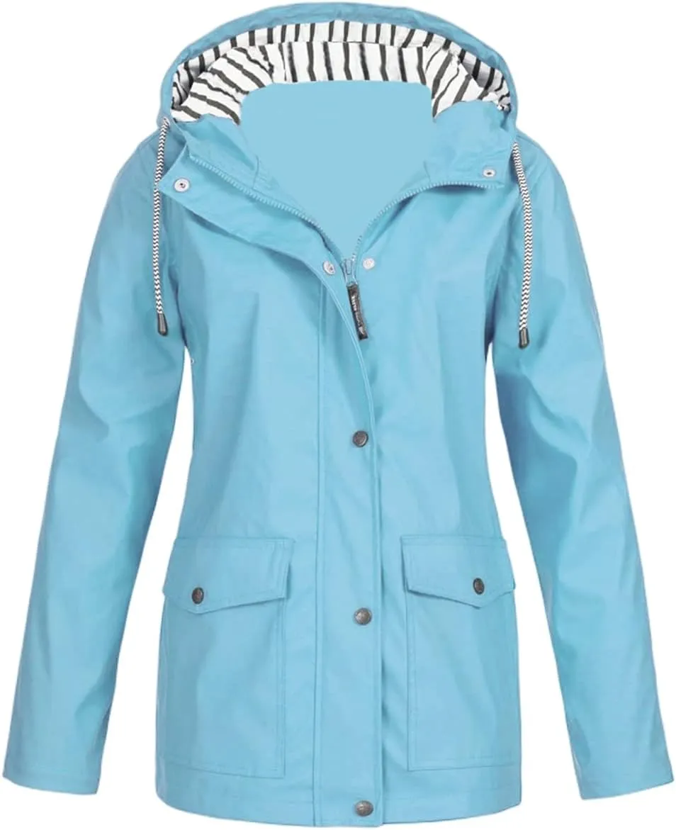 Womens Waterproof Rain Coat Lightweight Rain Jacket with Hood Outdoor Hooded Windbreaker Zip Up Trench Raincoat