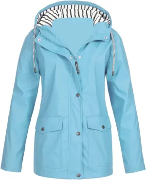 Womens Waterproof Rain Coat Lightweight Rain Jacket with Hood Outdoor Hooded Windbreaker Zip Up Trench Raincoat