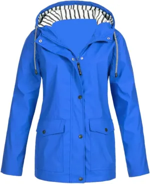 Womens Waterproof Rain Coat Lightweight Rain Jacket with Hood Outdoor Hooded Windbreaker Zip Up Trench Raincoat