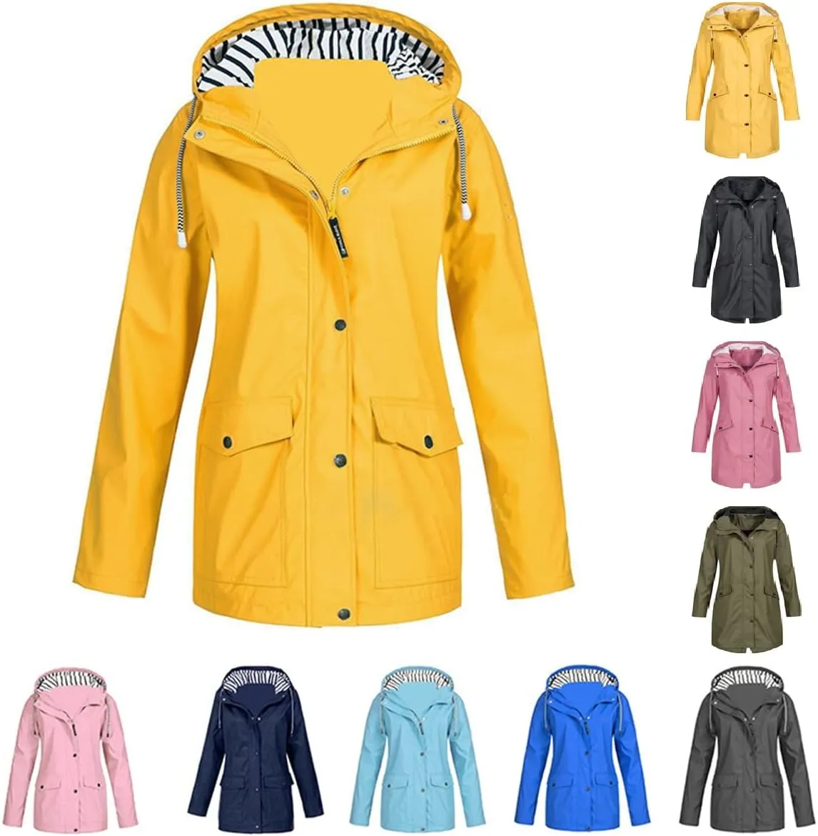 Womens Waterproof Rain Coat Lightweight Rain Jacket with Hood Outdoor Hooded Windbreaker Zip Up Trench Raincoat
