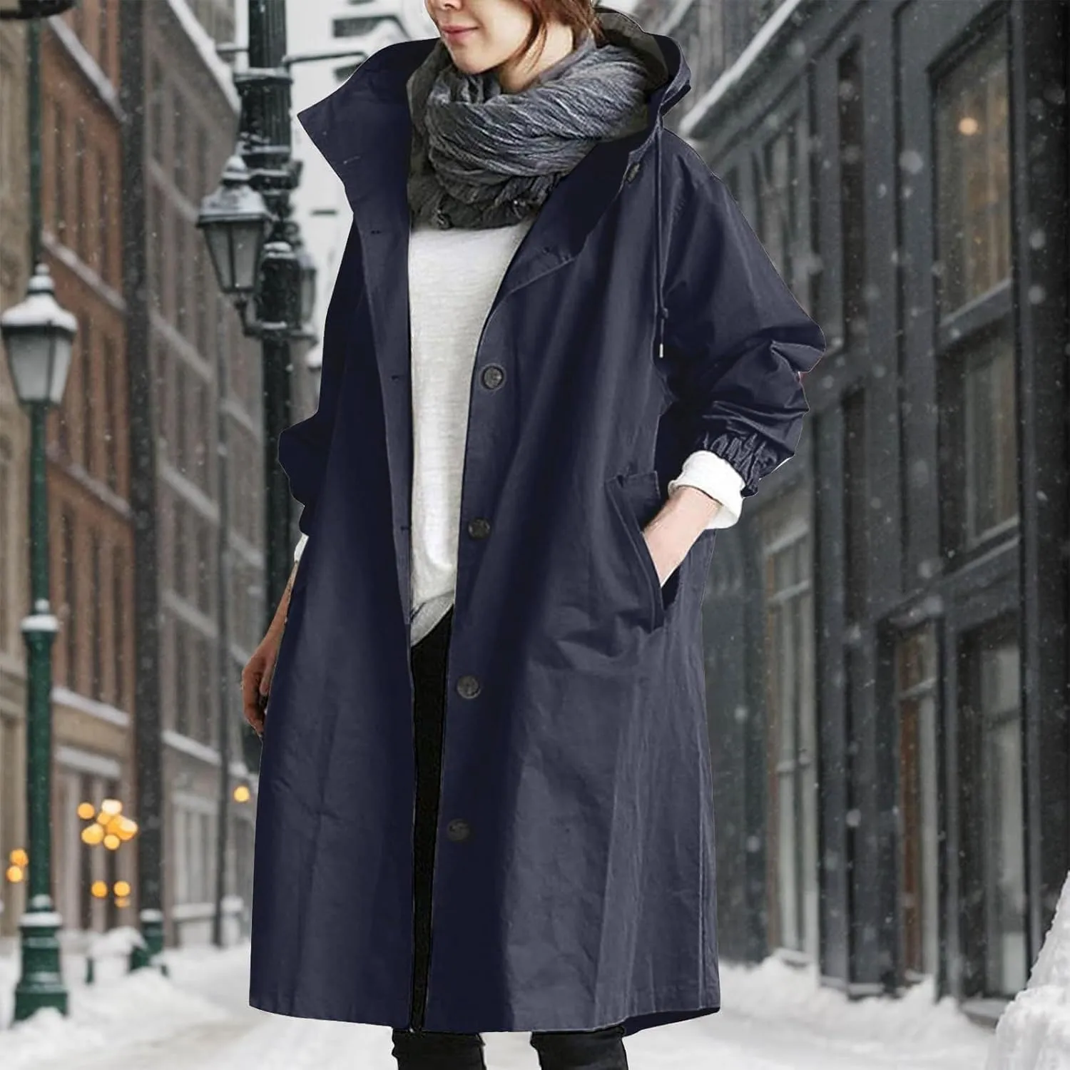 Women's Waterproof Trench Coat Long Double Breasted Windbreaker Classic Belted Lapel Overcoat with Removable Hood