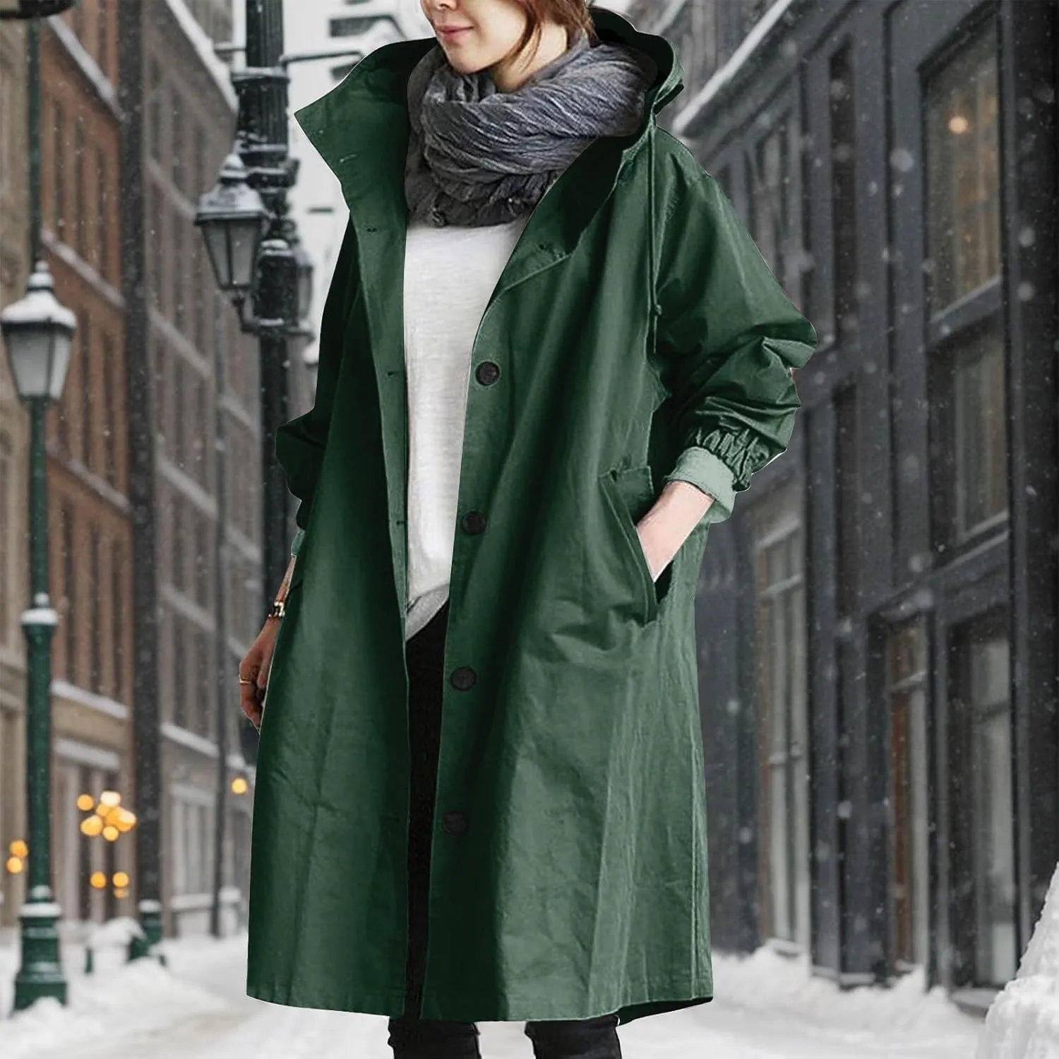 Women's Waterproof Trench Coat Long Double Breasted Windbreaker Classic Belted Lapel Overcoat with Removable Hood