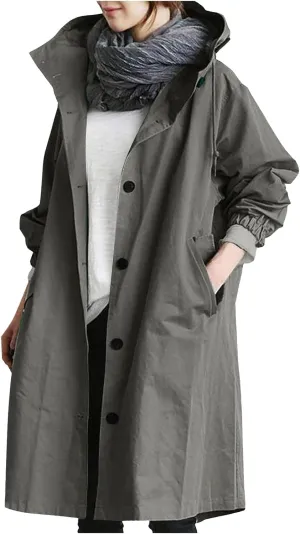 Women's Waterproof Trench Coat Long Double Breasted Windbreaker Classic Belted Lapel Overcoat with Removable Hood