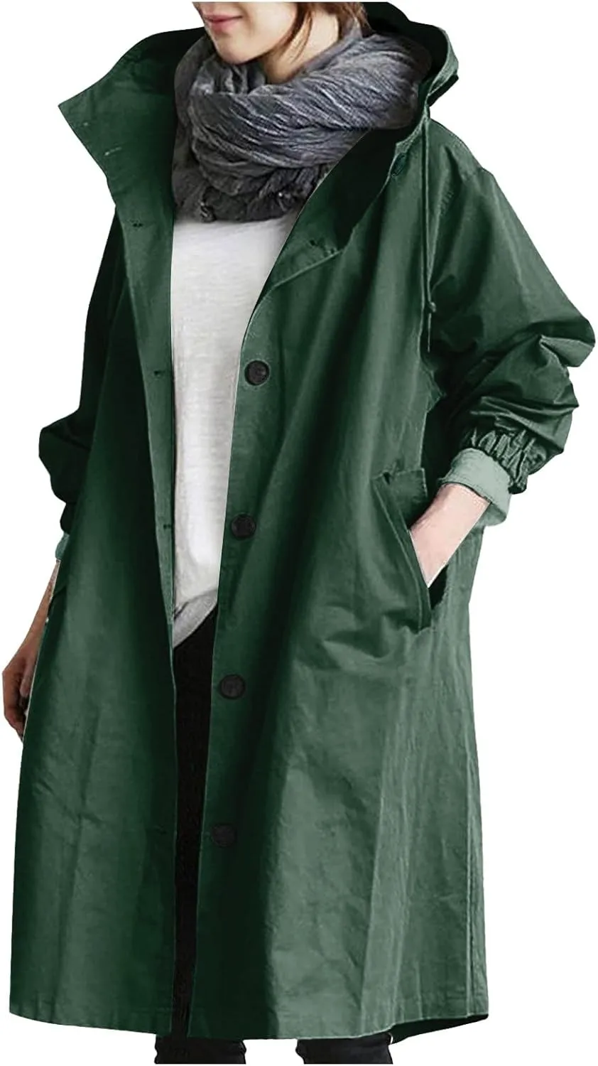 Women's Waterproof Trench Coat Long Double Breasted Windbreaker Classic Belted Lapel Overcoat with Removable Hood