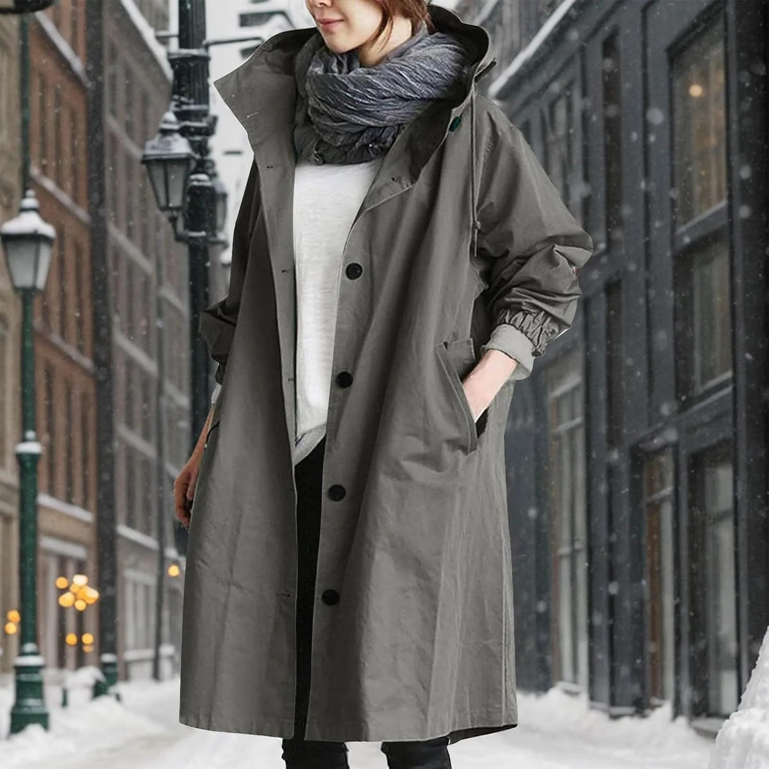 Women's Waterproof Trench Coat Long Double Breasted Windbreaker Classic Belted Lapel Overcoat with Removable Hood