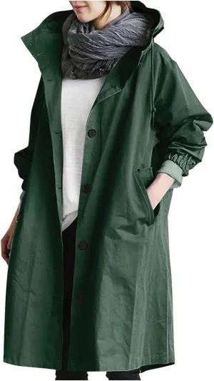 Women's Waterproof Trench Coat Long Double Breasted Windbreaker Classic Belted Lapel Overcoat with Removable Hood