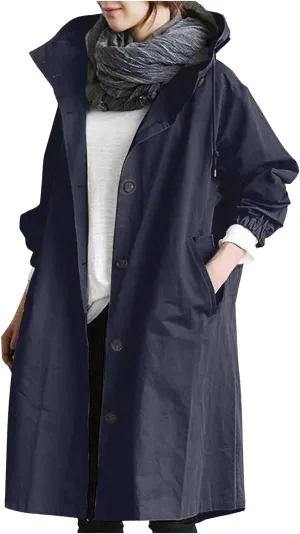 Women's Waterproof Trench Coat Long Double Breasted Windbreaker Classic Belted Lapel Overcoat with Removable Hood