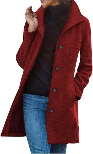 Women's Winter Double Breasted Wool Coat Long Sleeve Notch Lapel Long Trench Coat Retro Casual Jacket Outwear