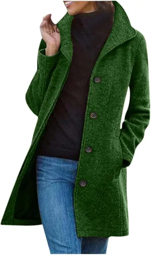 Women's Winter Double Breasted Wool Coat Long Sleeve Notch Lapel Long Trench Coat Retro Casual Jacket Outwear