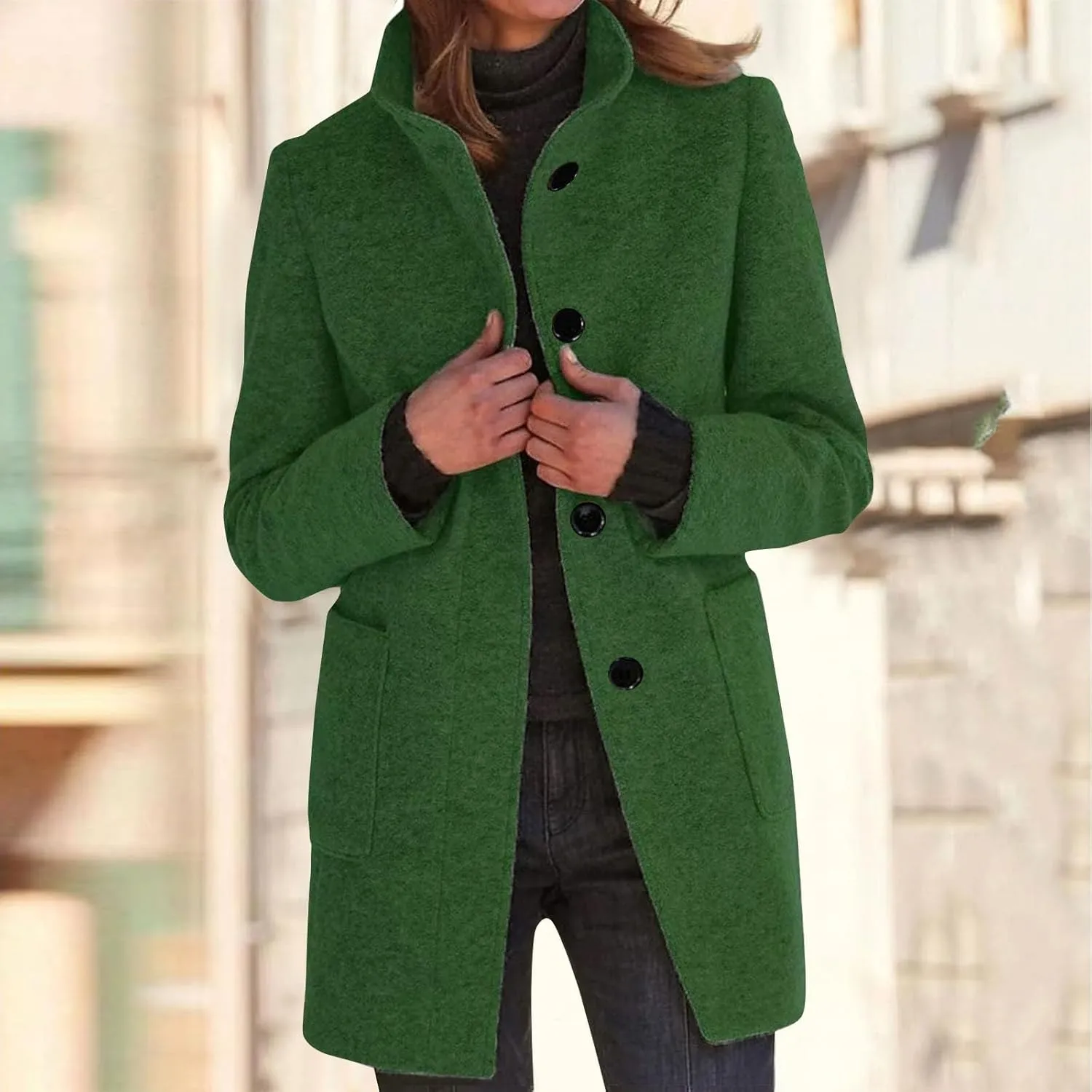 Womens Winter Long Pea Coats Wool Blend Peacoat Thicken Blazer Stand Collar Single Breasted Wool Coats 2024