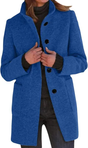 Womens Winter Long Pea Coats Wool Blend Peacoat Thicken Blazer Stand Collar Single Breasted Wool Coats 2024