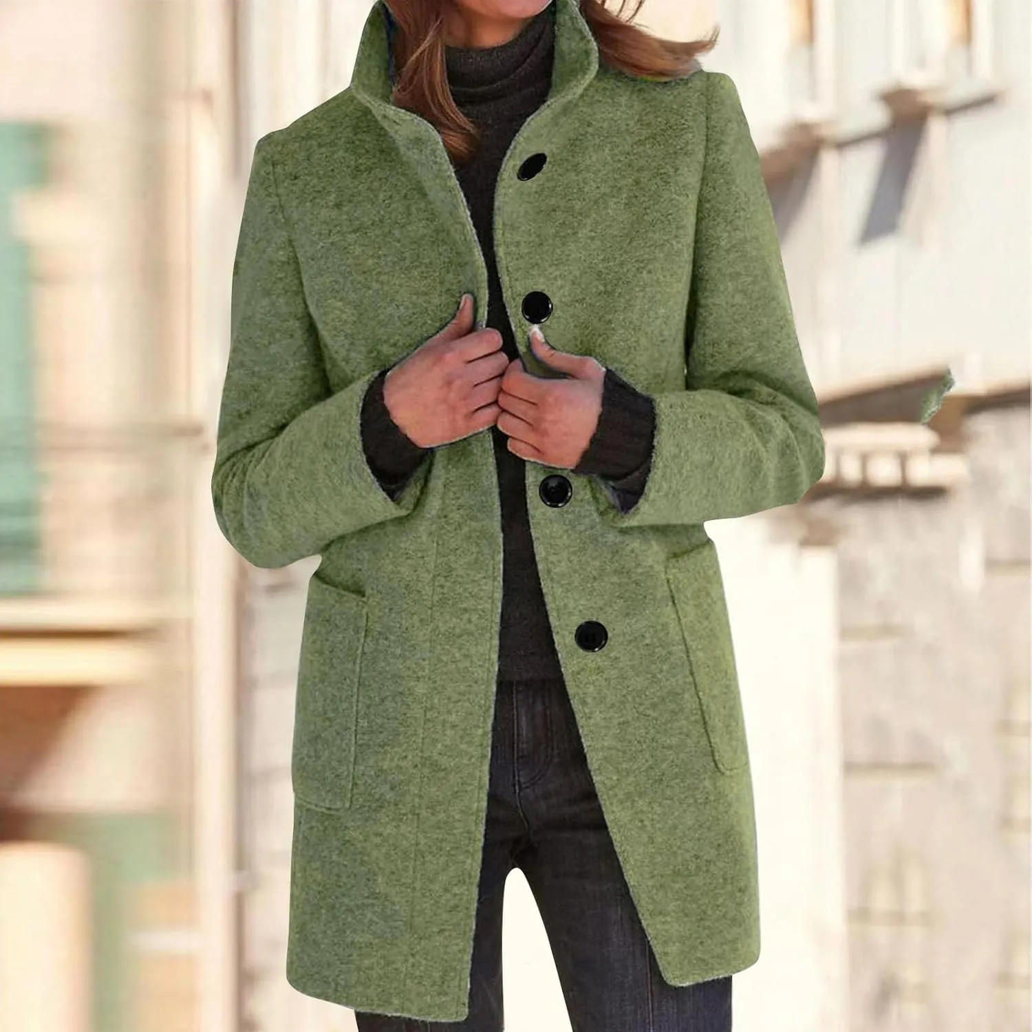 Womens Winter Long Pea Coats Wool Blend Peacoat Thicken Blazer Stand Collar Single Breasted Wool Coats 2024