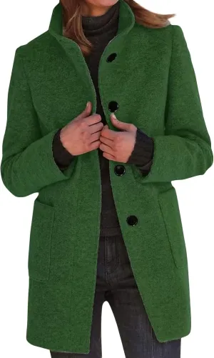 Womens Winter Long Pea Coats Wool Blend Peacoat Thicken Blazer Stand Collar Single Breasted Wool Coats 2024