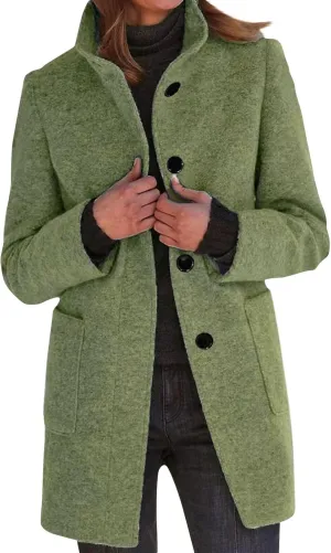 Womens Winter Long Pea Coats Wool Blend Peacoat Thicken Blazer Stand Collar Single Breasted Wool Coats 2024