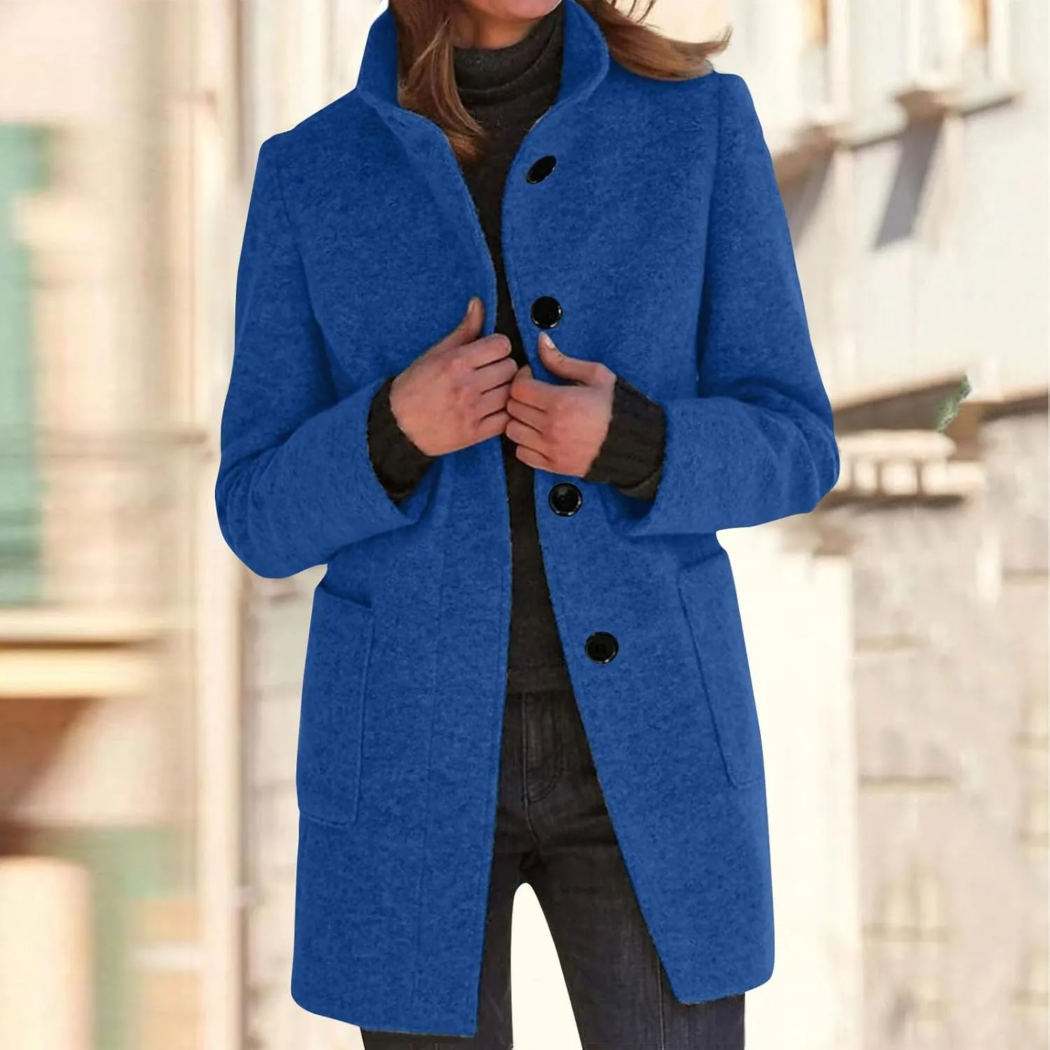 Womens Winter Long Pea Coats Wool Blend Peacoat Thicken Blazer Stand Collar Single Breasted Wool Coats 2024