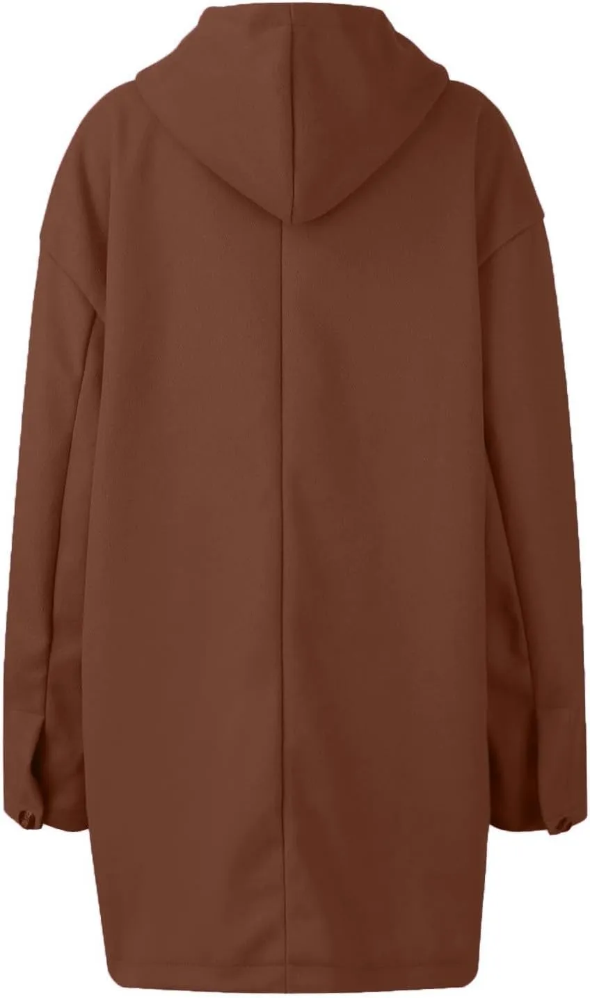 Women's Winter Single Breasted Long Thicken Wool Pea Coat with Hood Casual Wool Blend Trench Coat Jacket