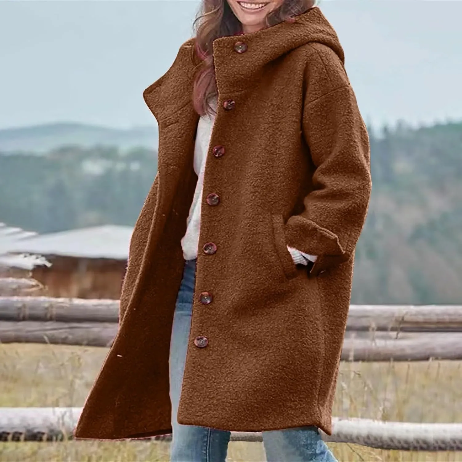 Women's Winter Single Breasted Long Thicken Wool Pea Coat with Hood Casual Wool Blend Trench Coat Jacket