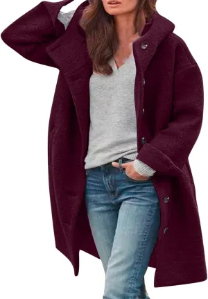 Women's Winter Single Breasted Long Thicken Wool Pea Coat with Hood Casual Wool Blend Trench Coat Jacket