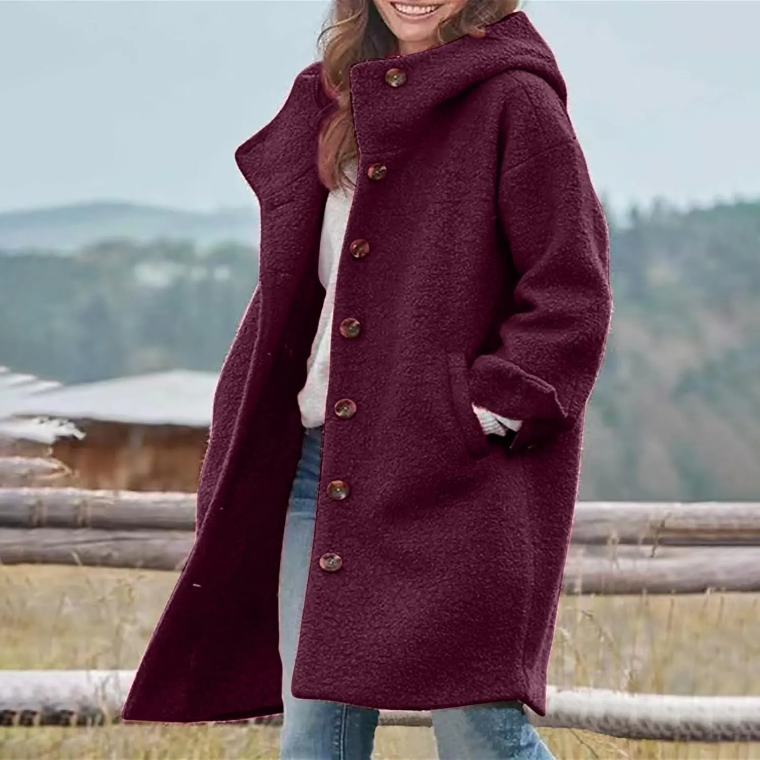 Women's Winter Single Breasted Long Thicken Wool Pea Coat with Hood Casual Wool Blend Trench Coat Jacket