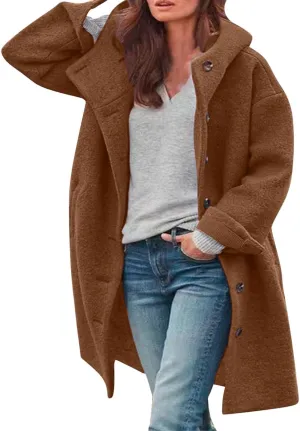 Women's Winter Single Breasted Long Thicken Wool Pea Coat with Hood Casual Wool Blend Trench Coat Jacket
