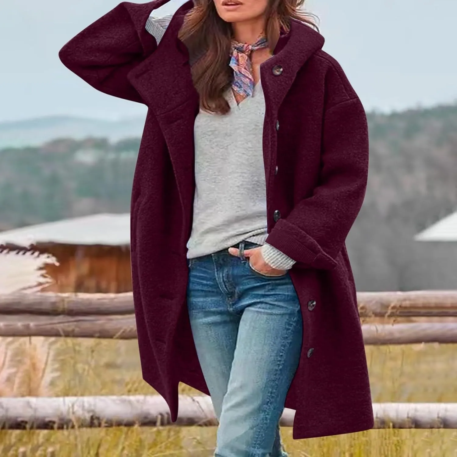 Women's Winter Single Breasted Long Thicken Wool Pea Coat with Hood Casual Wool Blend Trench Coat Jacket