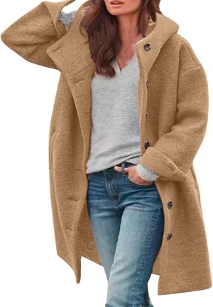 Women's Winter Single Breasted Long Thicken Wool Pea Coat with Hood Casual Wool Blend Trench Coat Jacket