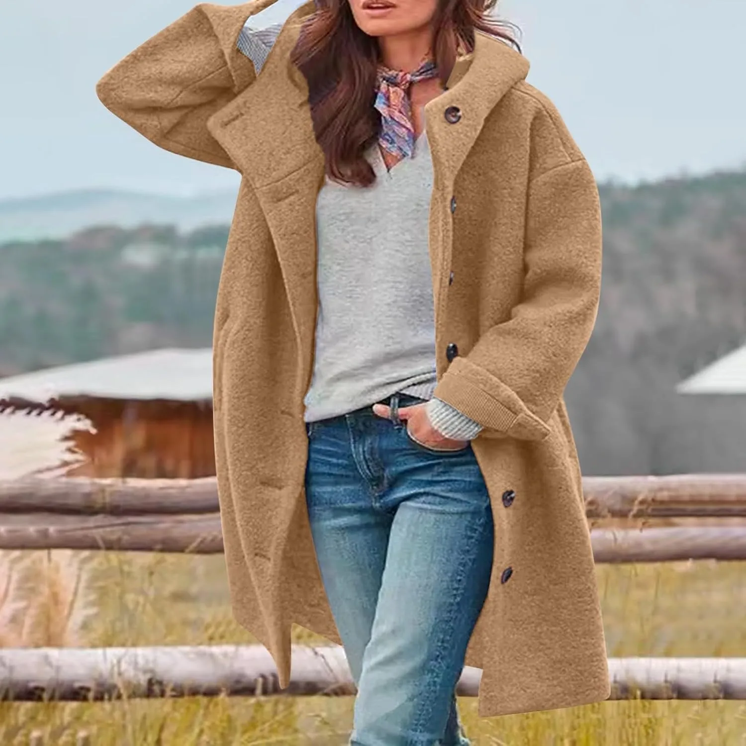 Women's Winter Single Breasted Long Thicken Wool Pea Coat with Hood Casual Wool Blend Trench Coat Jacket