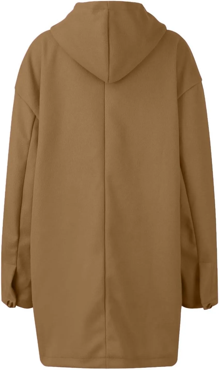 Women's Winter Single Breasted Long Thicken Wool Pea Coat with Hood Casual Wool Blend Trench Coat Jacket