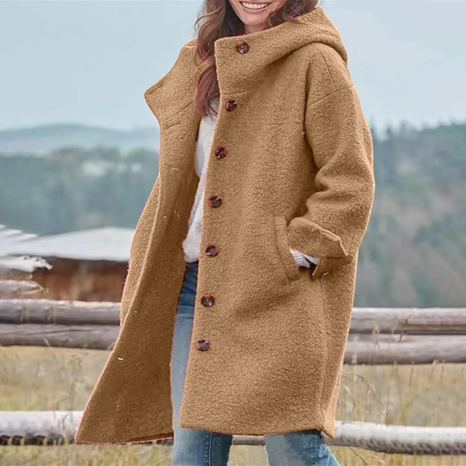 Women's Winter Single Breasted Long Thicken Wool Pea Coat with Hood Casual Wool Blend Trench Coat Jacket