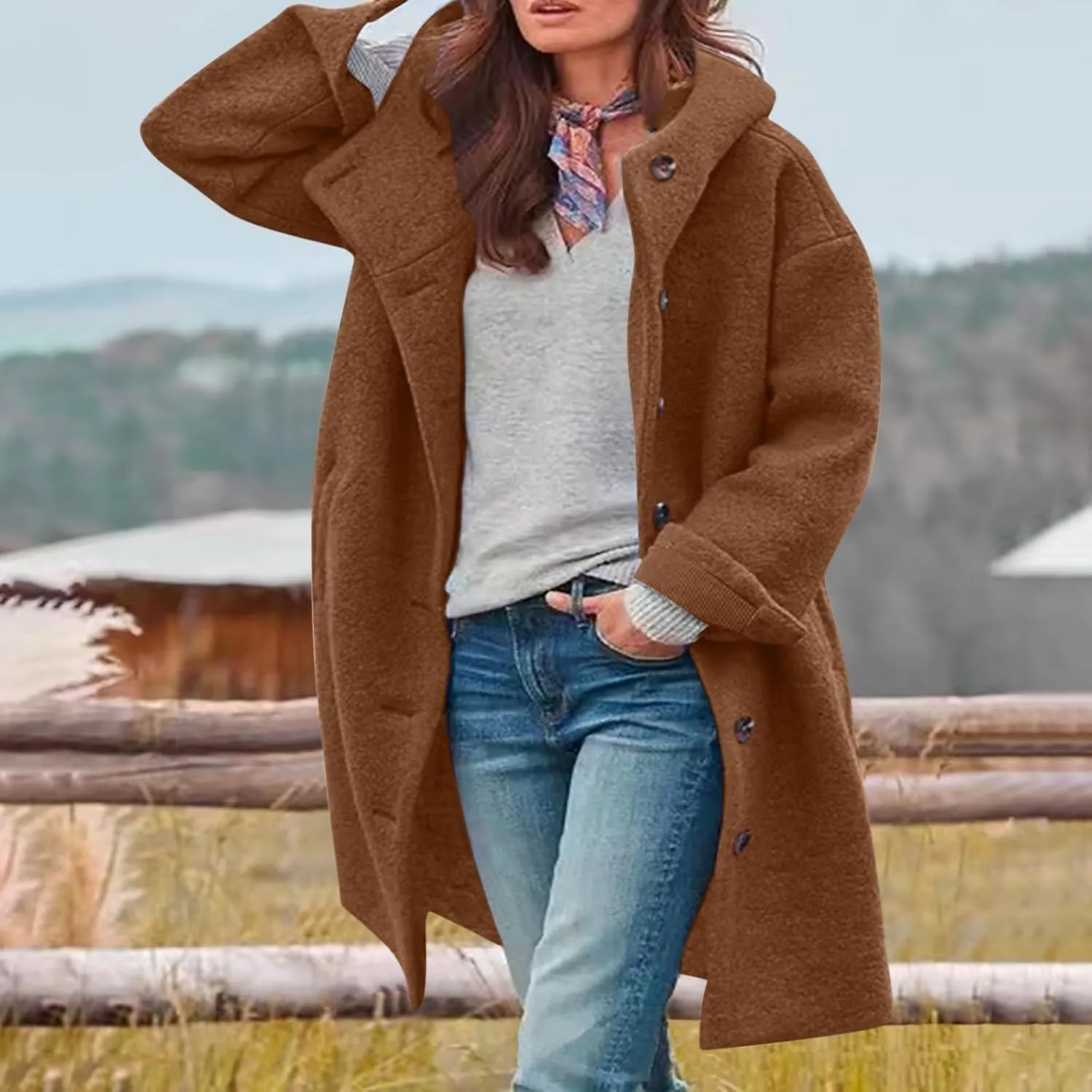 Women's Winter Single Breasted Long Thicken Wool Pea Coat with Hood Casual Wool Blend Trench Coat Jacket