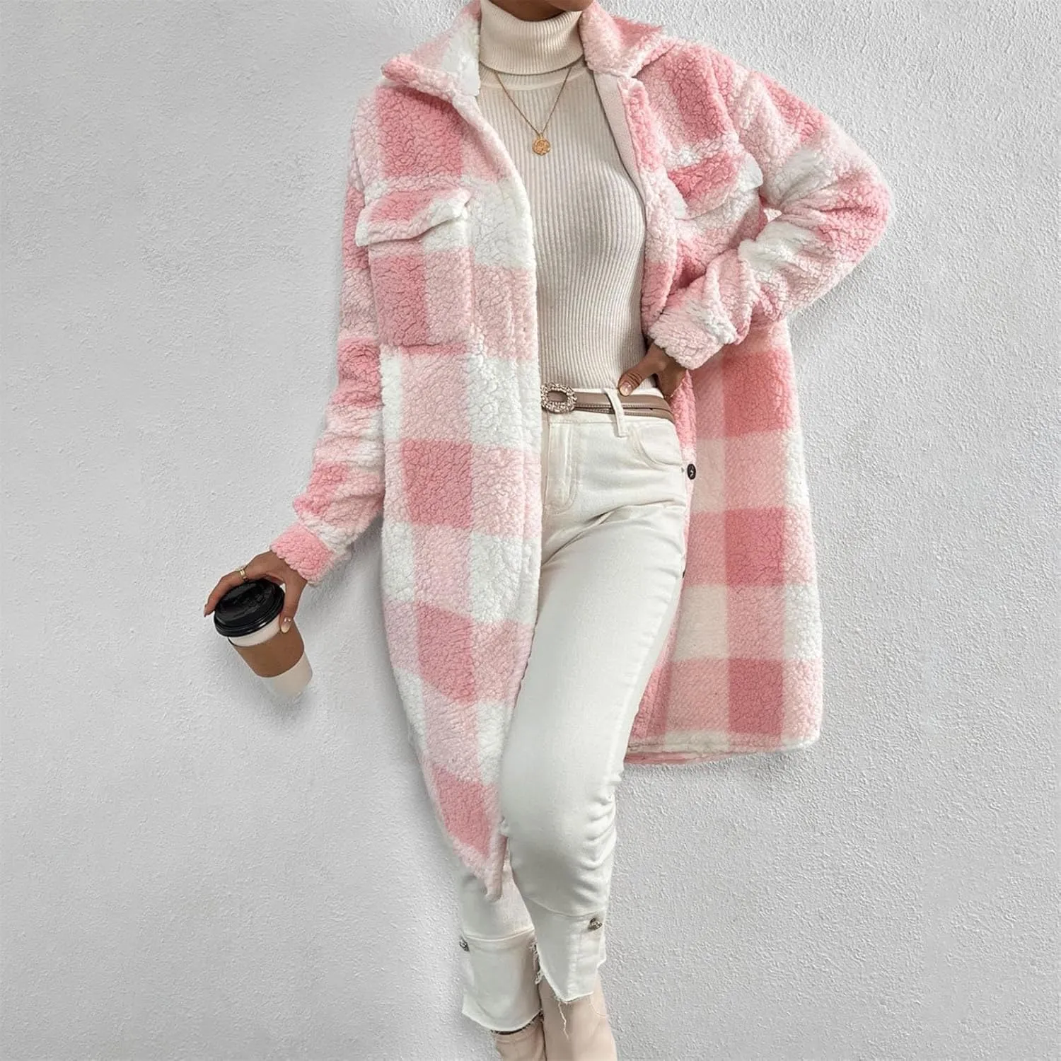 Women's Winter Wool Coat Casual Down Lapel Plush Plaid Coat Loose Long Coat Coat for Women Woman Coat Women's