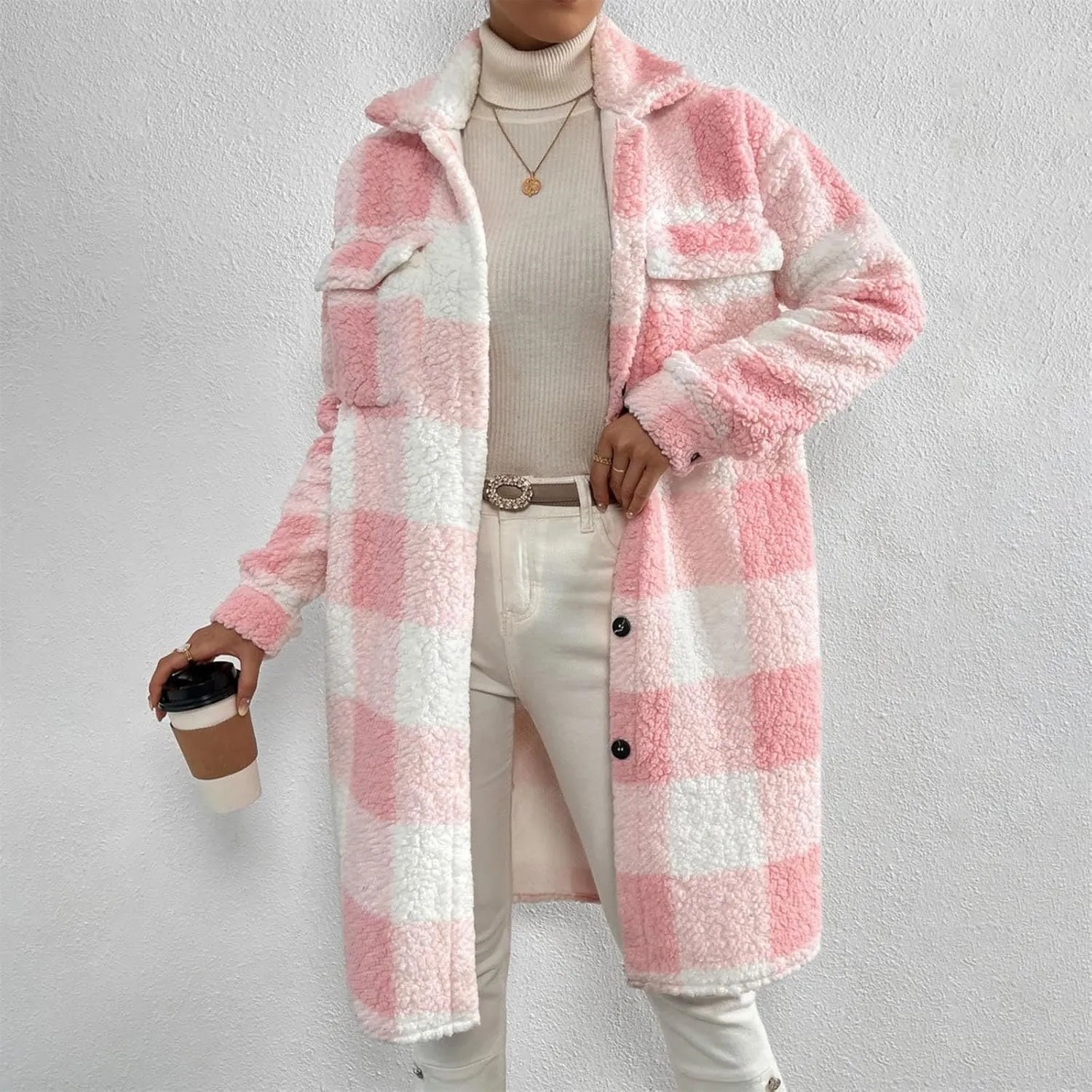 Women's Winter Wool Coat Casual Down Lapel Plush Plaid Coat Loose Long Coat Coat for Women Woman Coat Women's