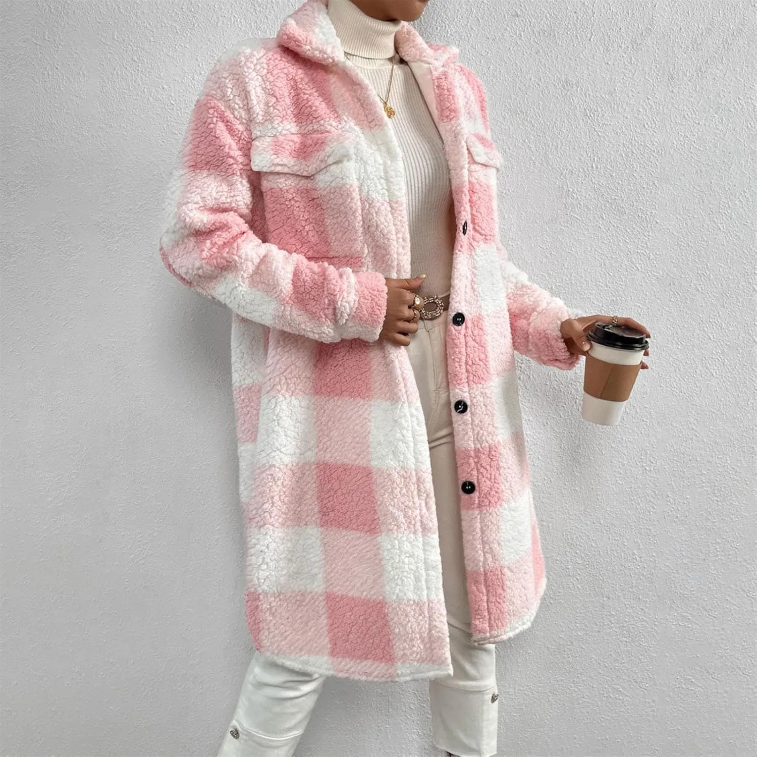 Women's Winter Wool Coat Casual Down Lapel Plush Plaid Coat Loose Long Coat Coat for Women Woman Coat Women's