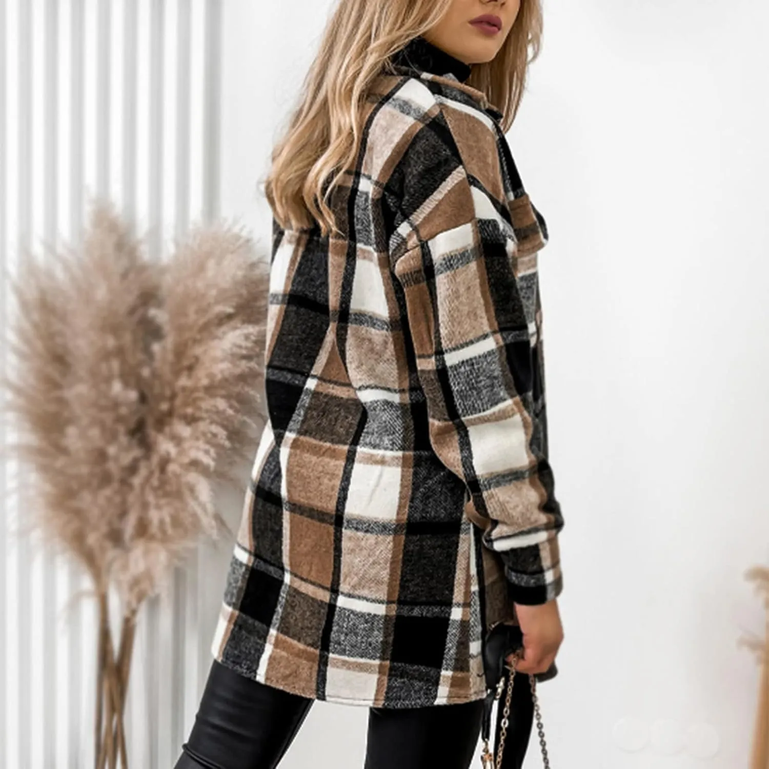 Women's Winter Wool Coat Casual Down Lapel Plush Plaid Coat Loose Long Coat Coat for Women Woman Coat Women's