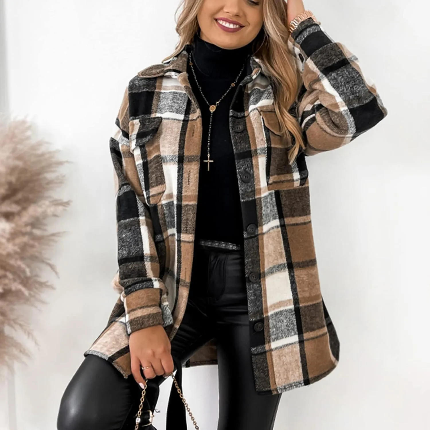Women's Winter Wool Coat Casual Down Lapel Plush Plaid Coat Loose Long Coat Coat for Women Woman Coat Women's