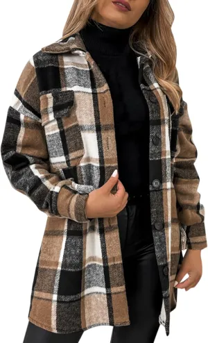 Women's Winter Wool Coat Casual Down Lapel Plush Plaid Coat Loose Long Coat Coat for Women Woman Coat Women's