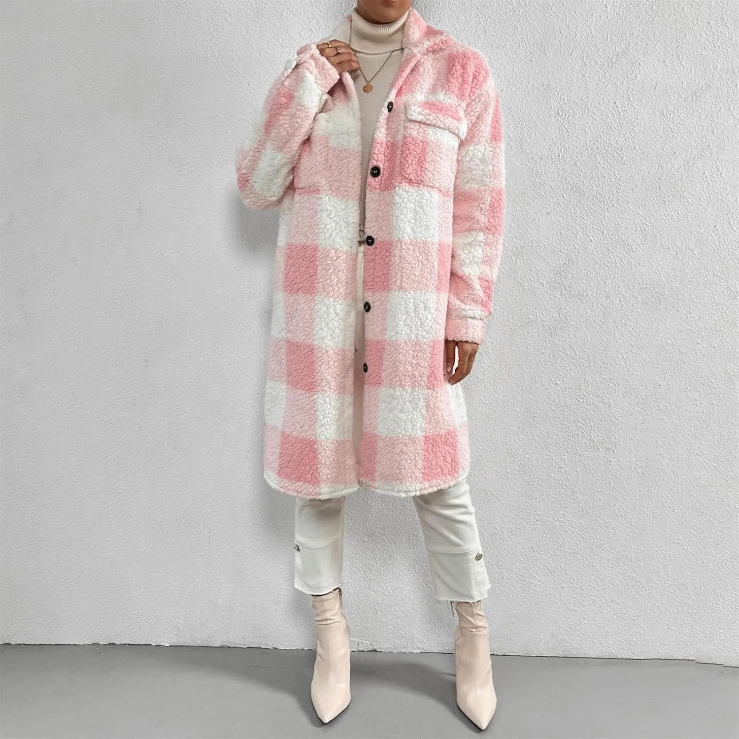 Women's Winter Wool Coat Casual Down Lapel Plush Plaid Coat Loose Long Coat Coat for Women Woman Coat Women's