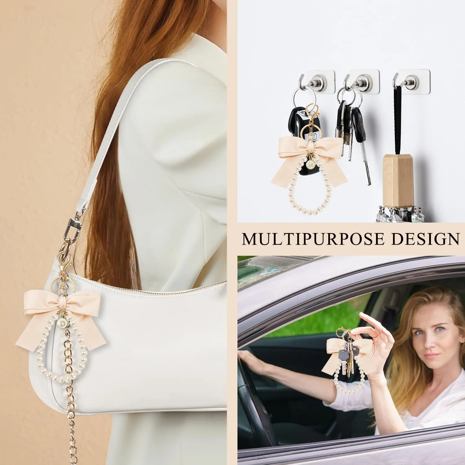 XGALBLA Initial Letter Cute Coquette Bow Keychain for Women, Wristlet Simulated Pearl Keychains Bag Charms for Handbags