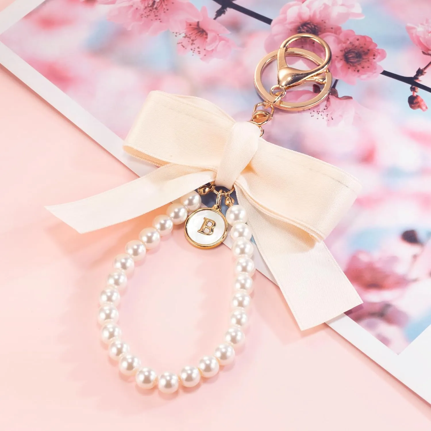 XGALBLA Initial Letter Cute Coquette Bow Keychain for Women, Wristlet Simulated Pearl Keychains Bag Charms for Handbags
