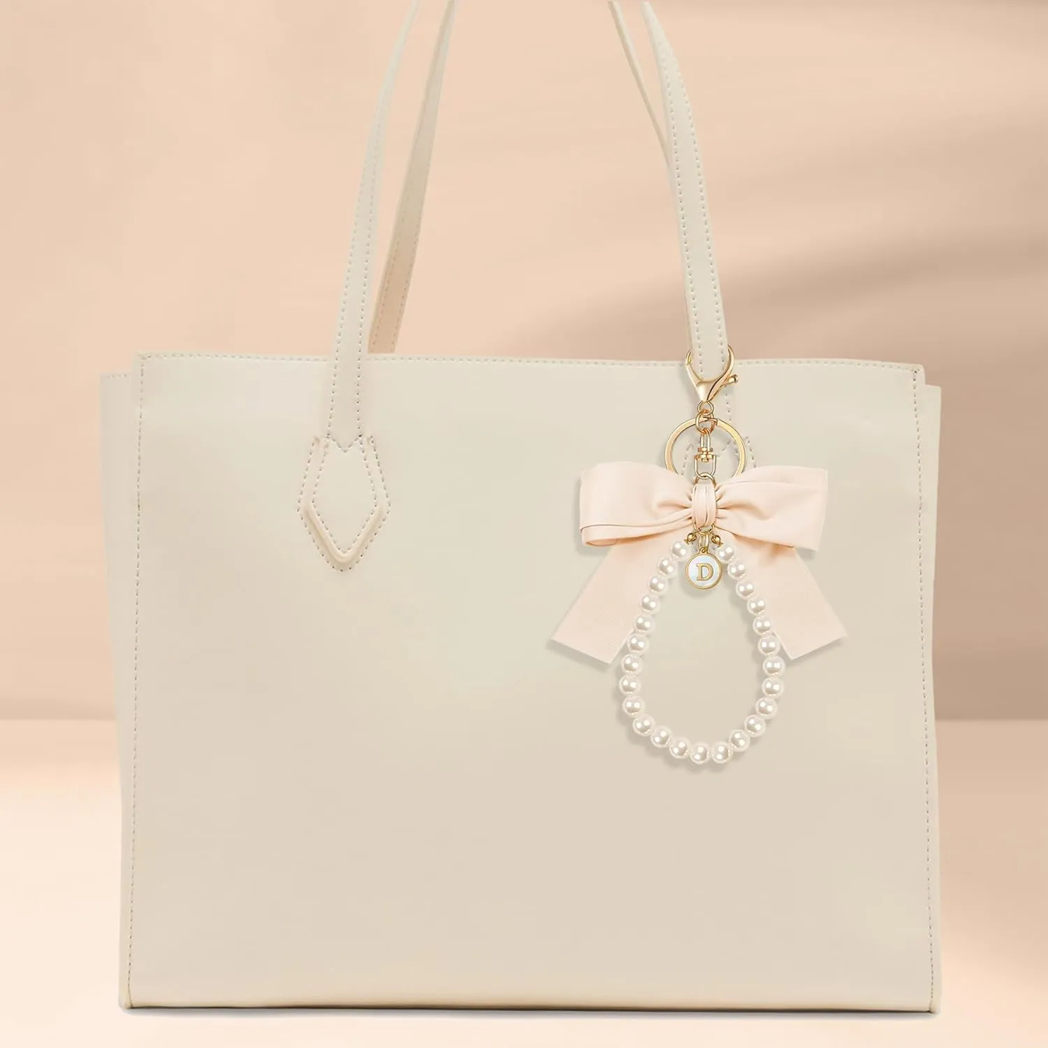 XGALBLA Initial Letter Cute Coquette Bow Keychain for Women, Wristlet Simulated Pearl Keychains Bag Charms for Handbags