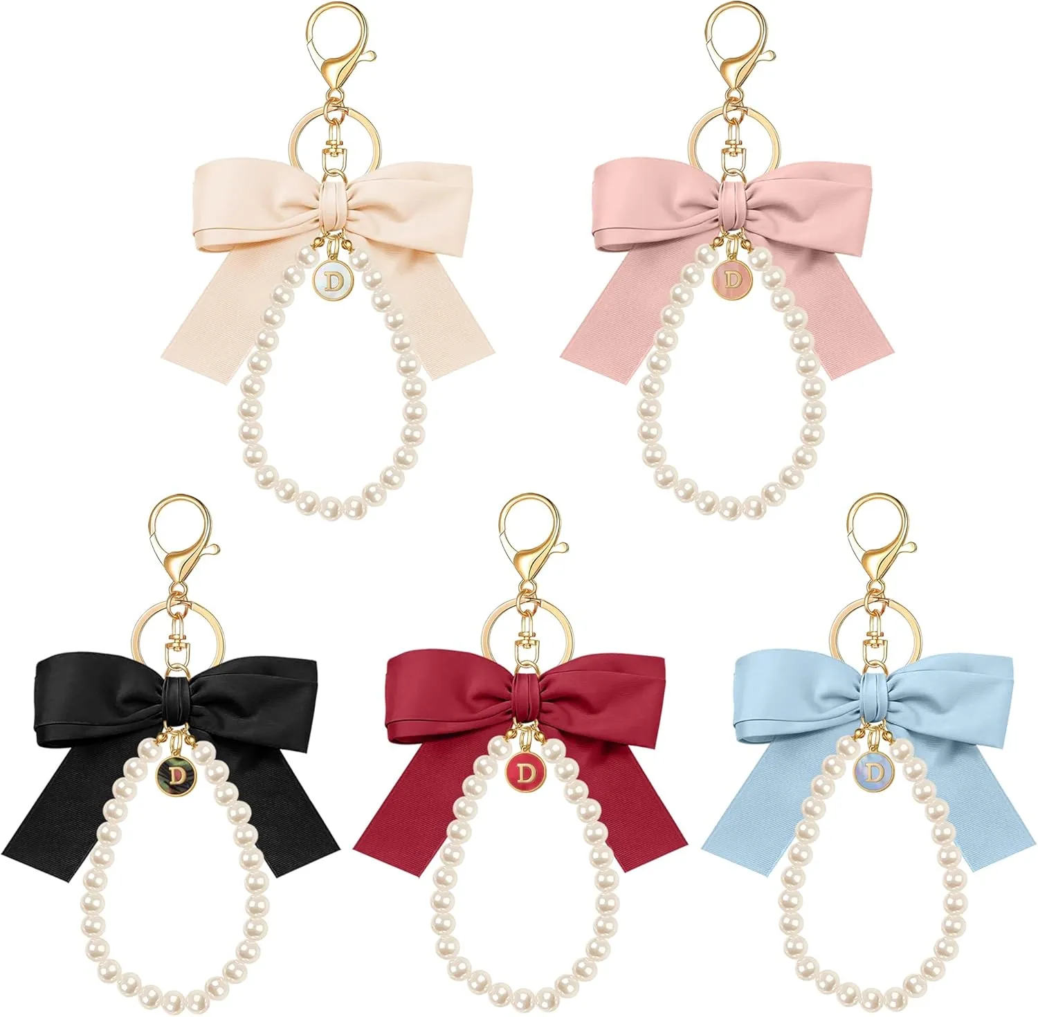 XGALBLA Initial Letter Cute Coquette Bow Keychain for Women, Wristlet Simulated Pearl Keychains Bag Charms for Handbags