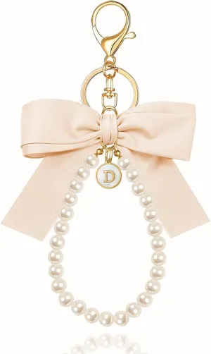 XGALBLA Initial Letter Cute Coquette Bow Keychain for Women, Wristlet Simulated Pearl Keychains Bag Charms for Handbags