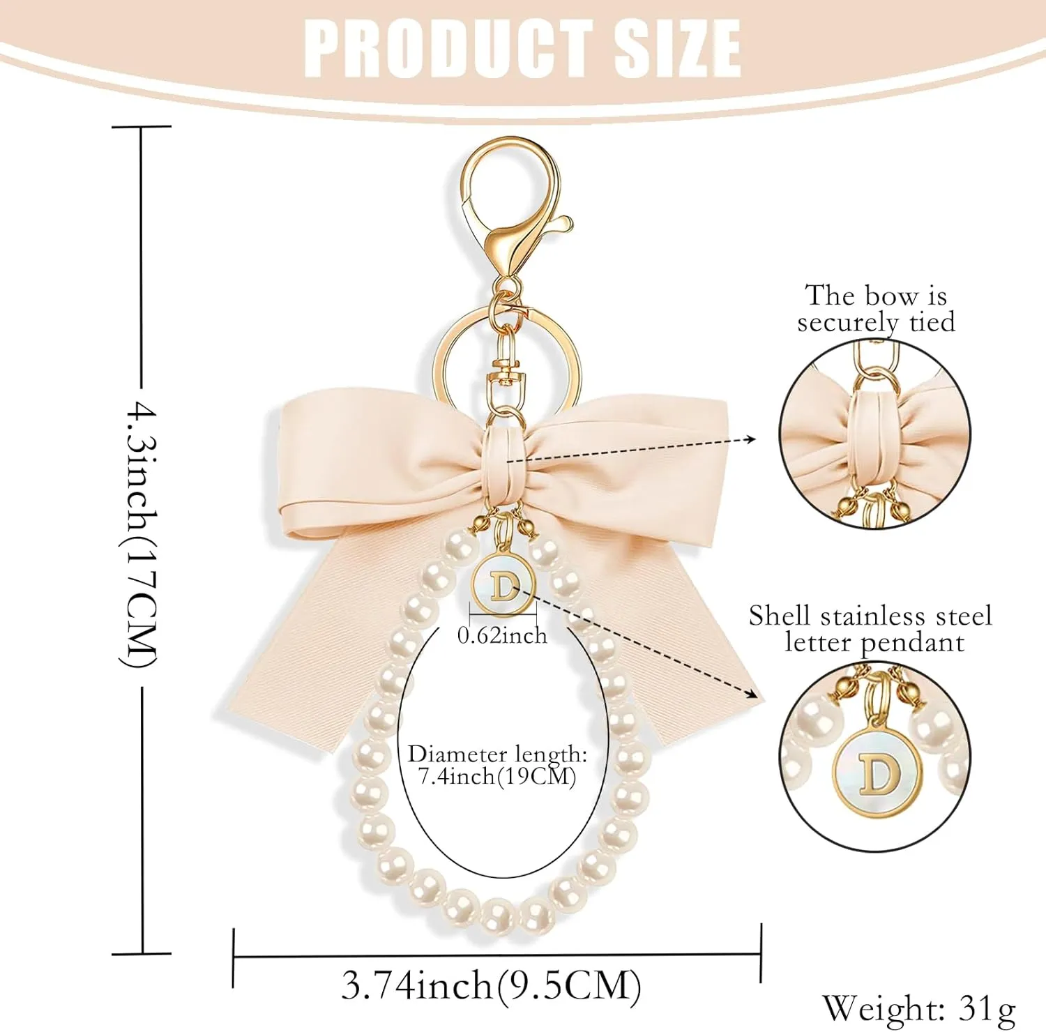 XGALBLA Initial Letter Cute Coquette Bow Keychain for Women, Wristlet Simulated Pearl Keychains Bag Charms for Handbags