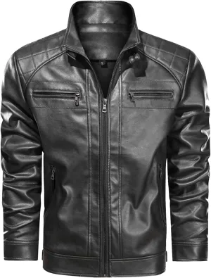 Xiaojmake Mens Stand Collar Leather Jacket Retro Cafe Racer Style Motorcycle Jacket Outerwear Quilted Coat with Zipper Pocket