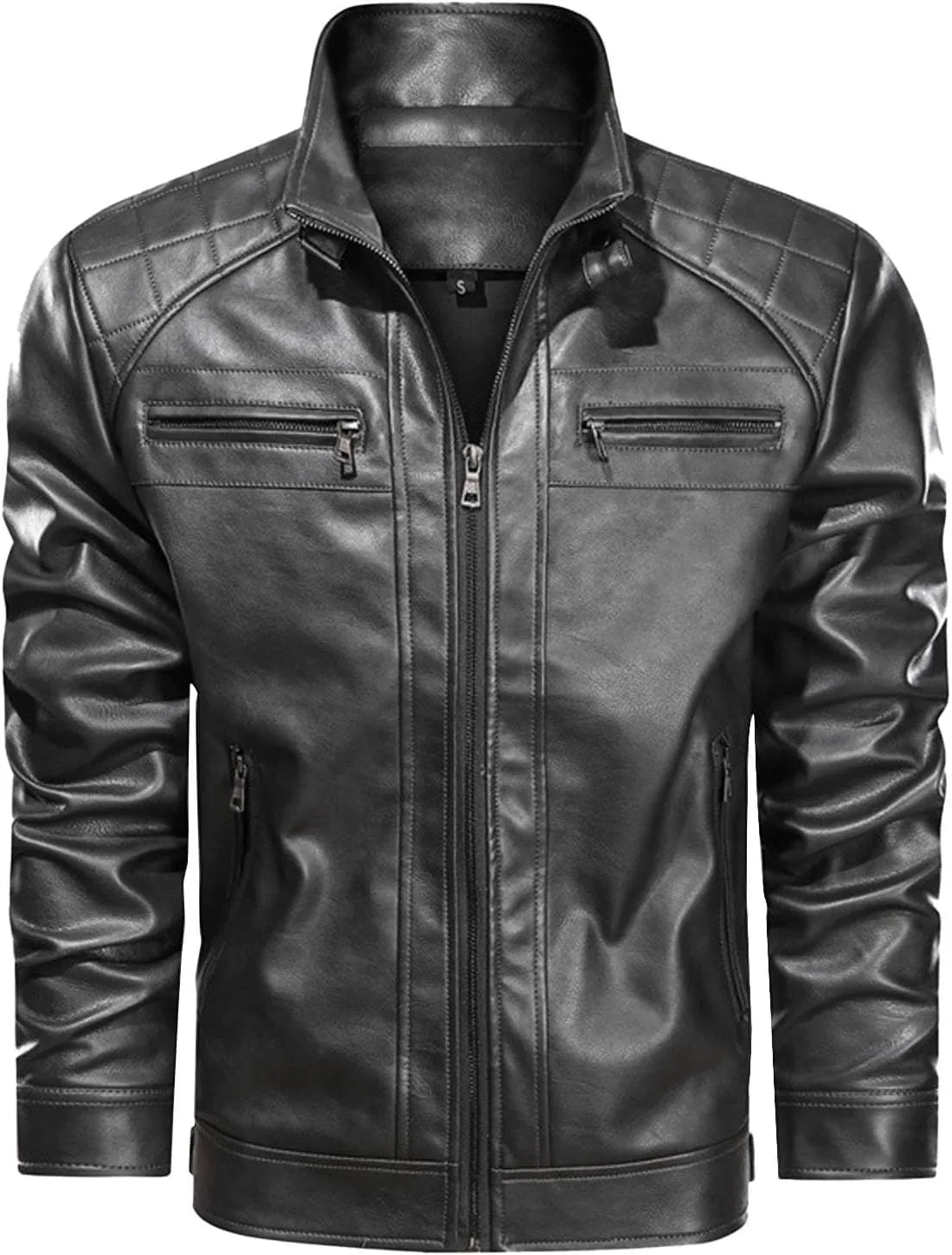 Xiaojmake Mens Stand Collar Leather Jacket Retro Cafe Racer Style Motorcycle Jacket Outerwear Quilted Coat with Zipper Pocket
