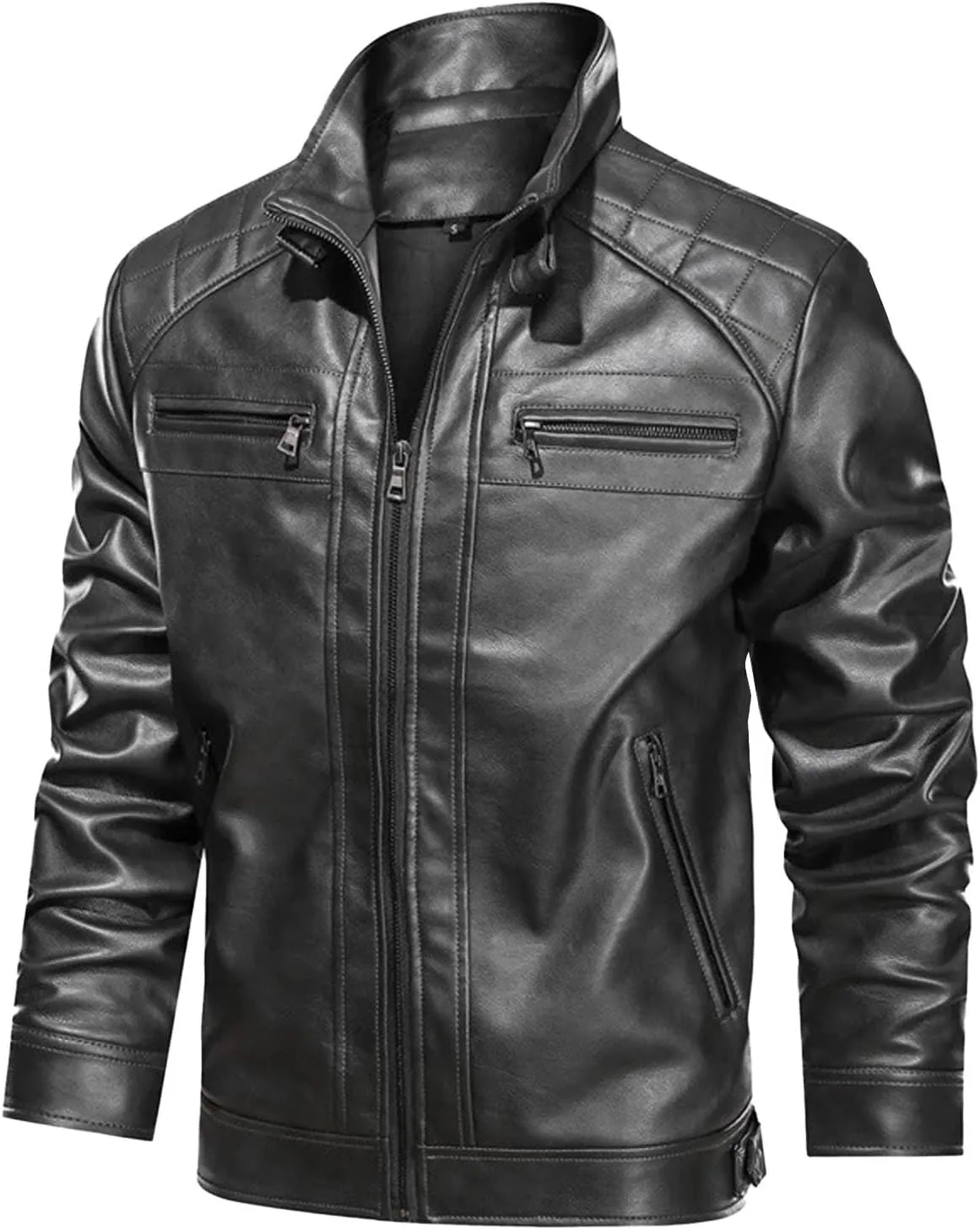 Xiaojmake Mens Stand Collar Leather Jacket Retro Cafe Racer Style Motorcycle Jacket Outerwear Quilted Coat with Zipper Pocket