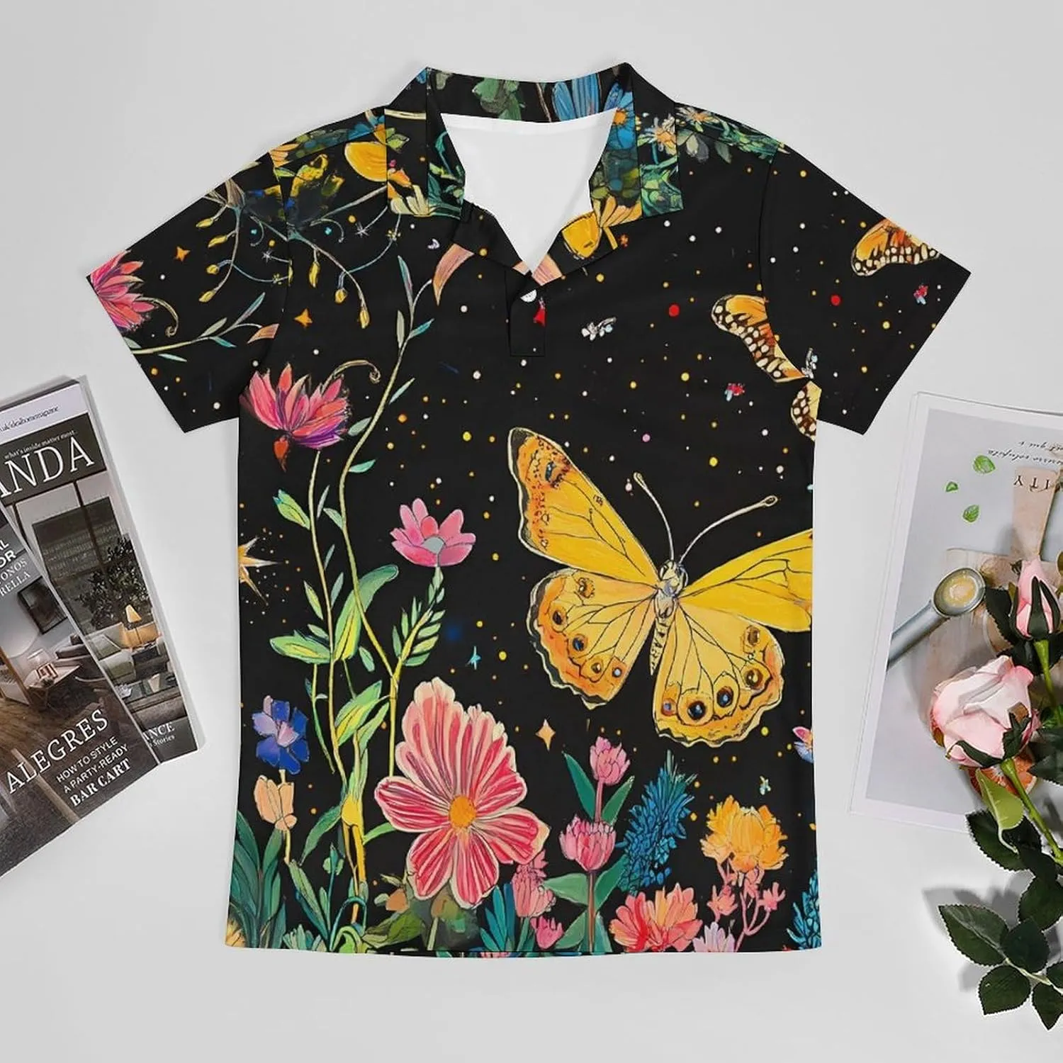 Y2k Butterfly Floral Daisy Men's Polo-Shirt Regular-Fit Short Sleeve Sports Quick Dry Golf Tennis T-Shirt