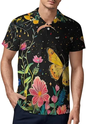 Y2k Butterfly Floral Daisy Men's Polo-Shirt Regular-Fit Short Sleeve Sports Quick Dry Golf Tennis T-Shirt