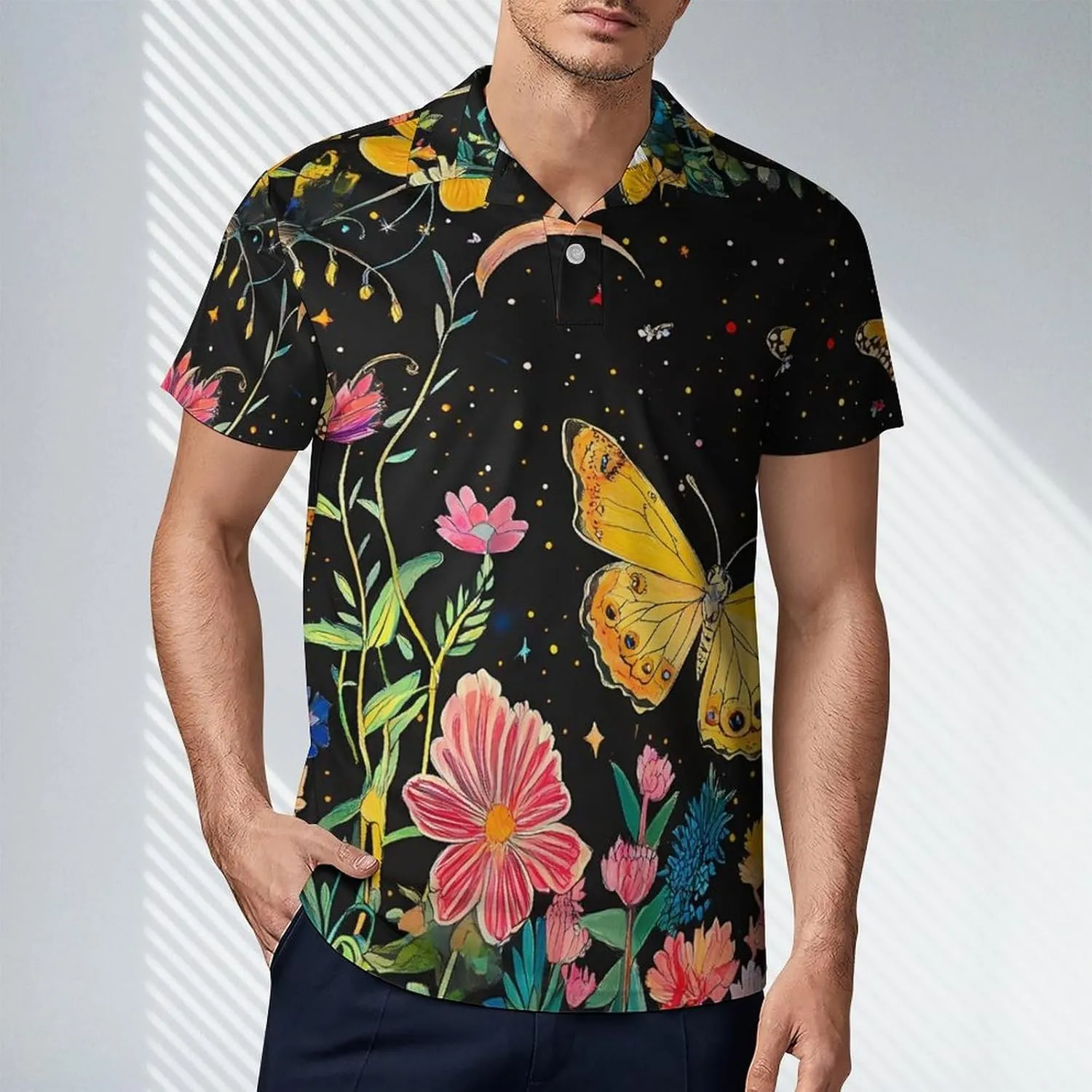 Y2k Butterfly Floral Daisy Men's Polo-Shirt Regular-Fit Short Sleeve Sports Quick Dry Golf Tennis T-Shirt